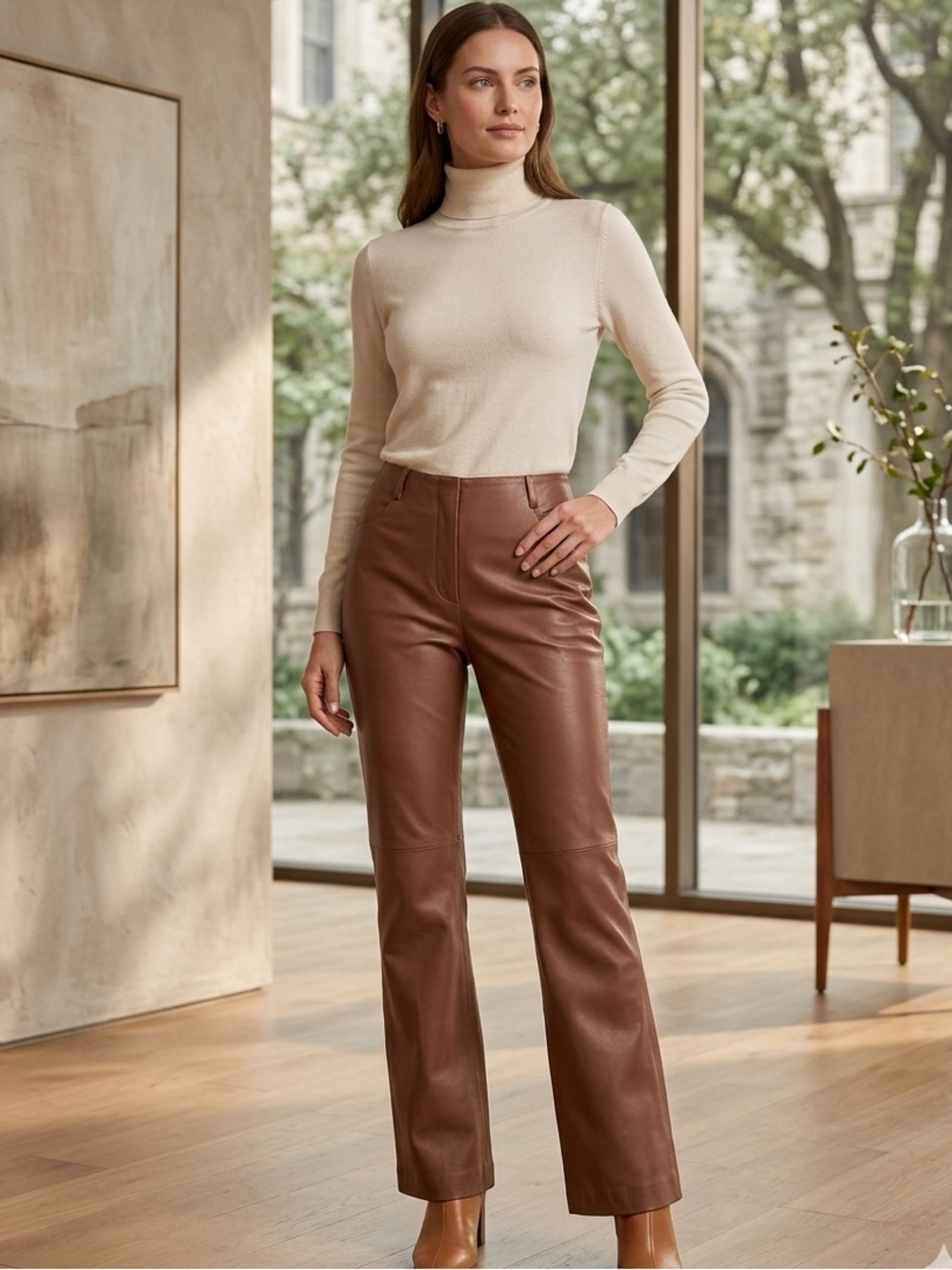 Wide Leg Faux Leather Pants in Brown